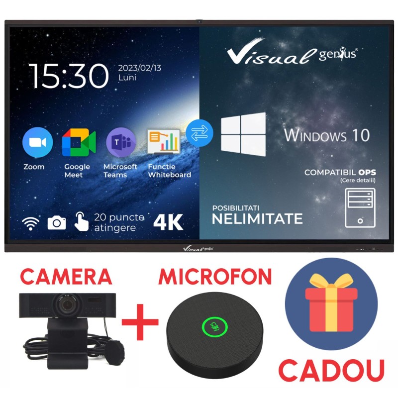 Display interactiv 65” 4K, Visual Genius A9, Android 13, 4GB DDR4, 32GB memorie, 40 puncte de atingere, soft limba romana.