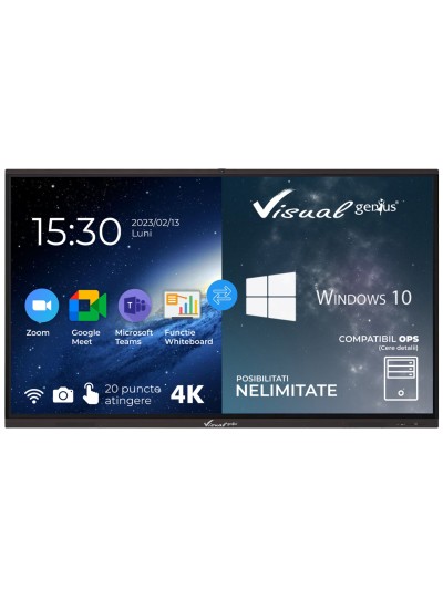 Display interactiv 75” 4K, Visual Genius, Android 11, 4GB DDR4, 32GB memorie, 20 puncte de atingere, soft limba romana.